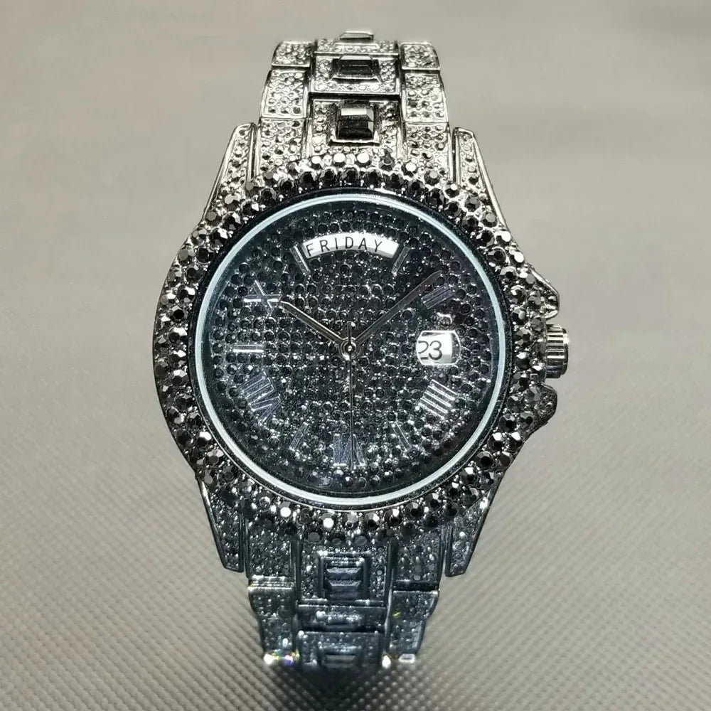 Luxury Day Date Iced Out Watch for Men | Hip Hop Rap Singer Wristwatch | West Coast Street Style Bling Jewelry Clock | Quartz Watch | Caratix - CaratixJewelry